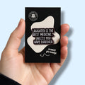 Enamel pin badge packaging with humorous text saying 'laughter is the best medicine... unless you have diarrhea' on a light blue background