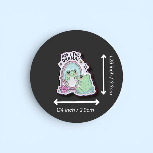 Pin with cartoon characters and text 'Am I the drama?' on a black background with measurements.