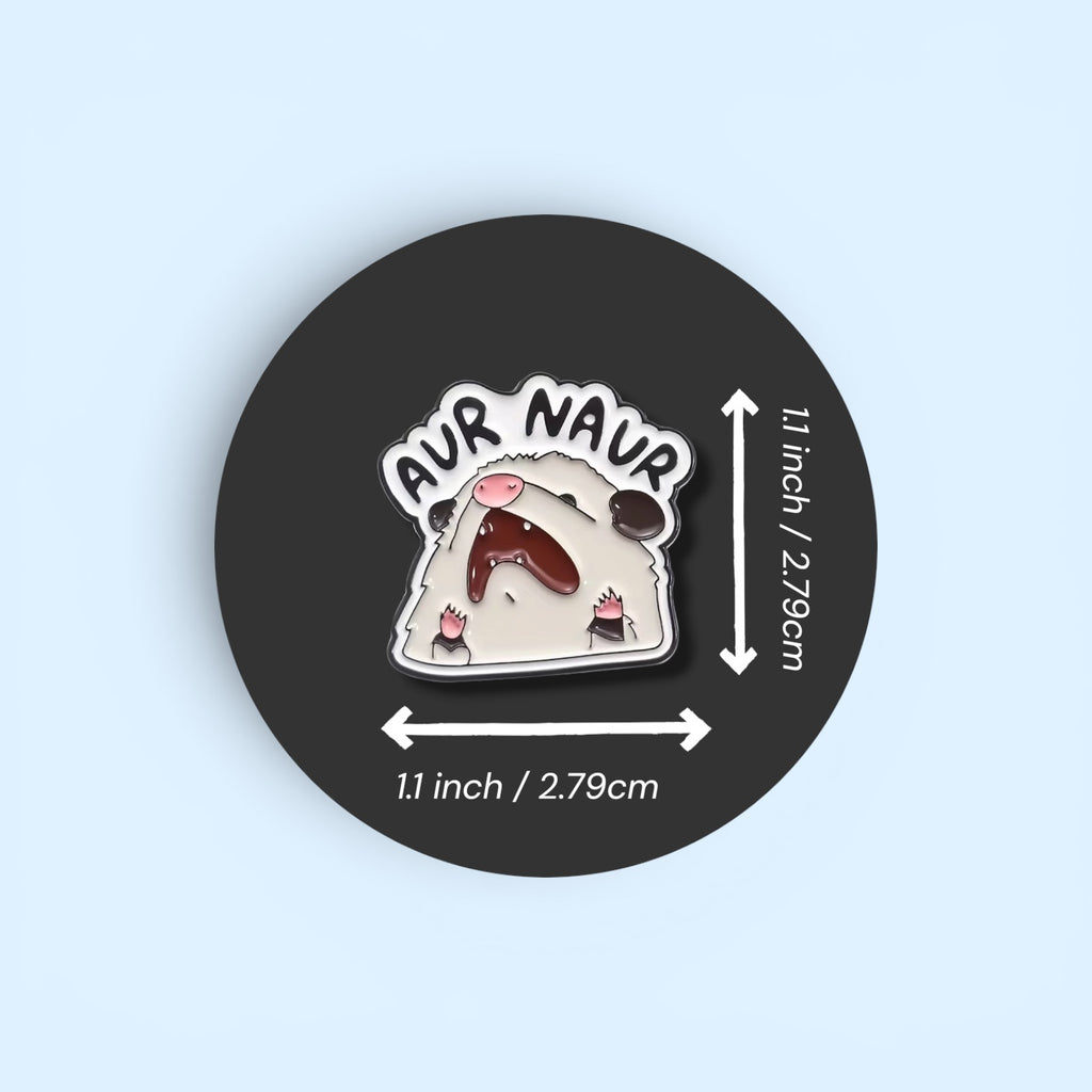 A screaming opossum enamel pin badge on a black circle with measurements surrounding.