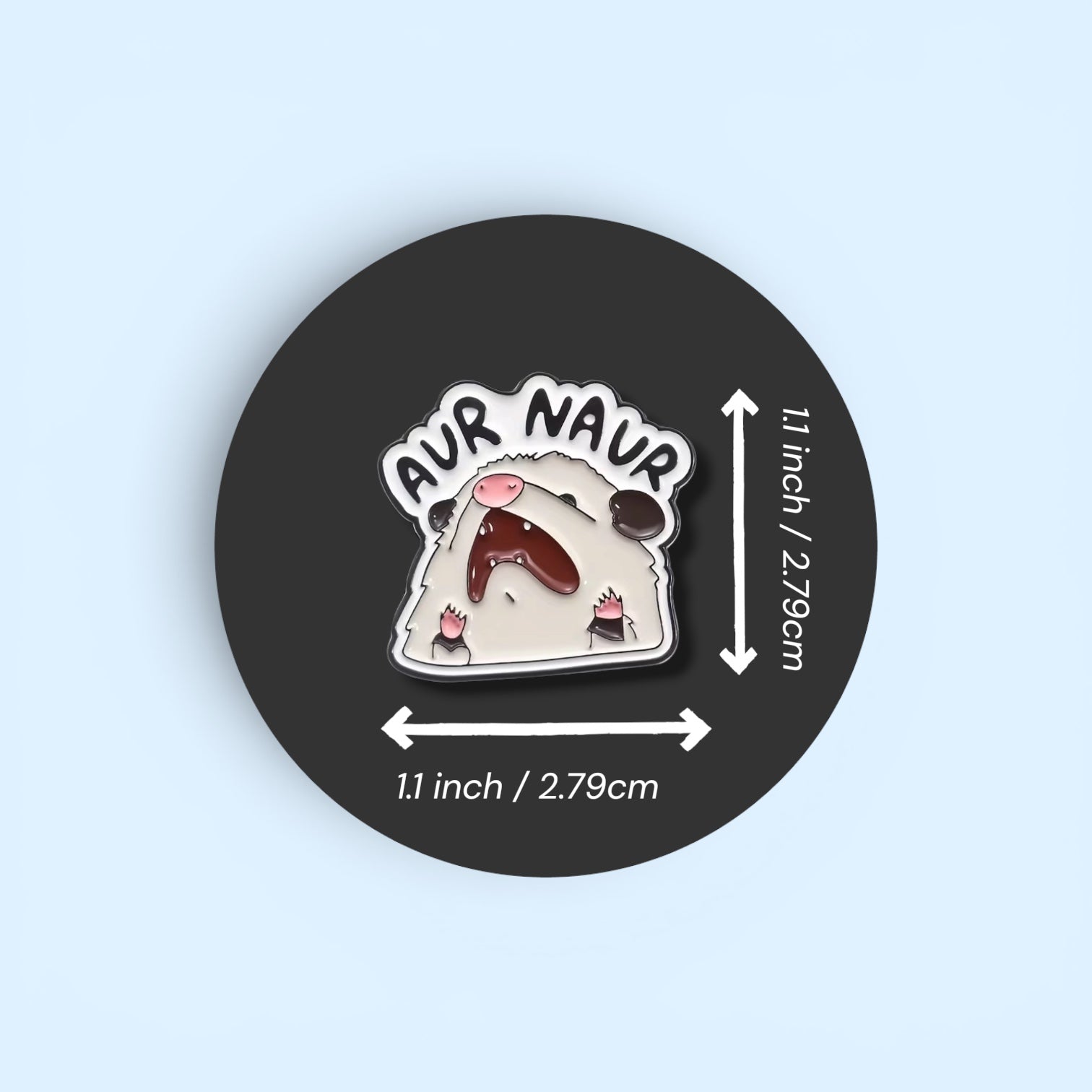 A screaming opossum enamel pin badge on a black circle with measurements surrounding.