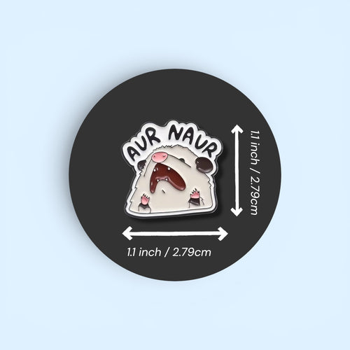 A screaming opossum enamel pin badge on a black circle with measurements surrounding.